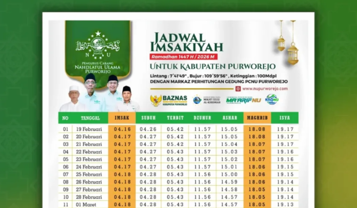 Jadwal Imsakiyah Ramadhan 1447 H/ 2026 M Wilayah Purworejo Lengkap