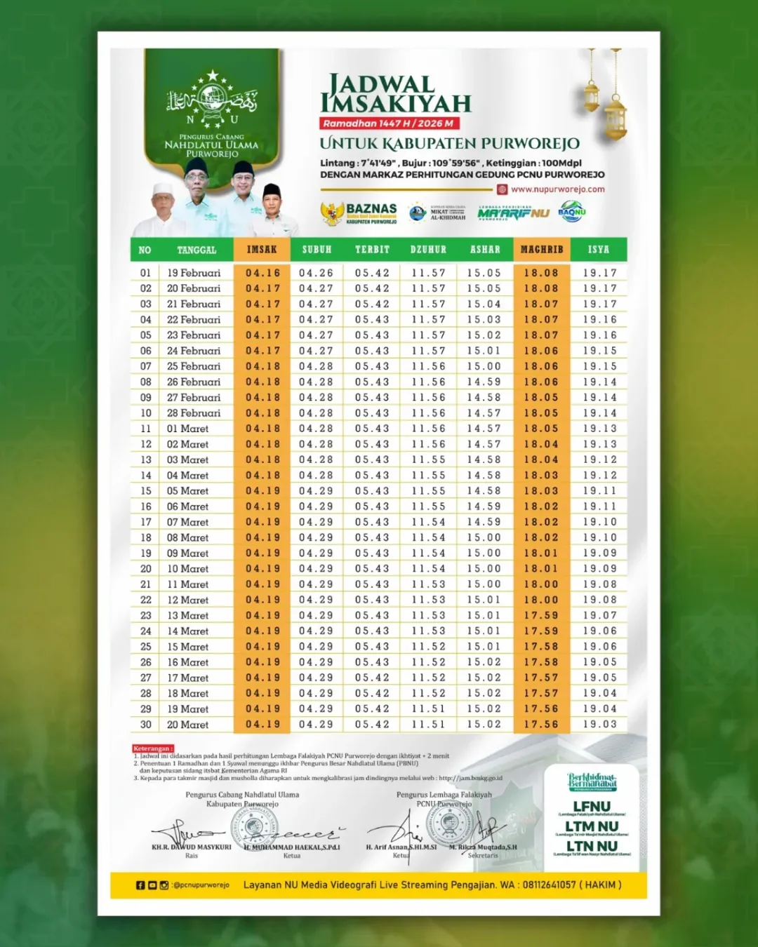 Jadwal Imsakiyah Ramadhan 1447 H/ 2026 M Wilayah Purworejo Lengkap