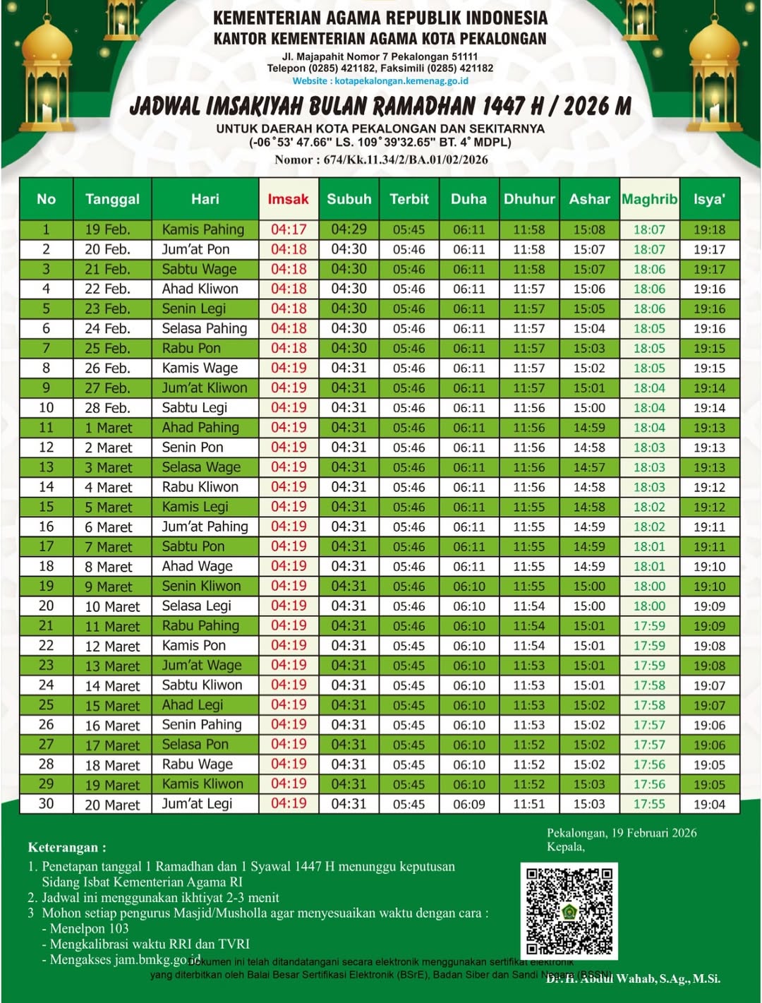 Jadwal Imsakiyah Ramadhan 1447 H/ 2026 M Wilayah Pekalongan Jadwal Imsakiyah Ramadhan 1447 H/ 2026 M Wilayah Pekalongan